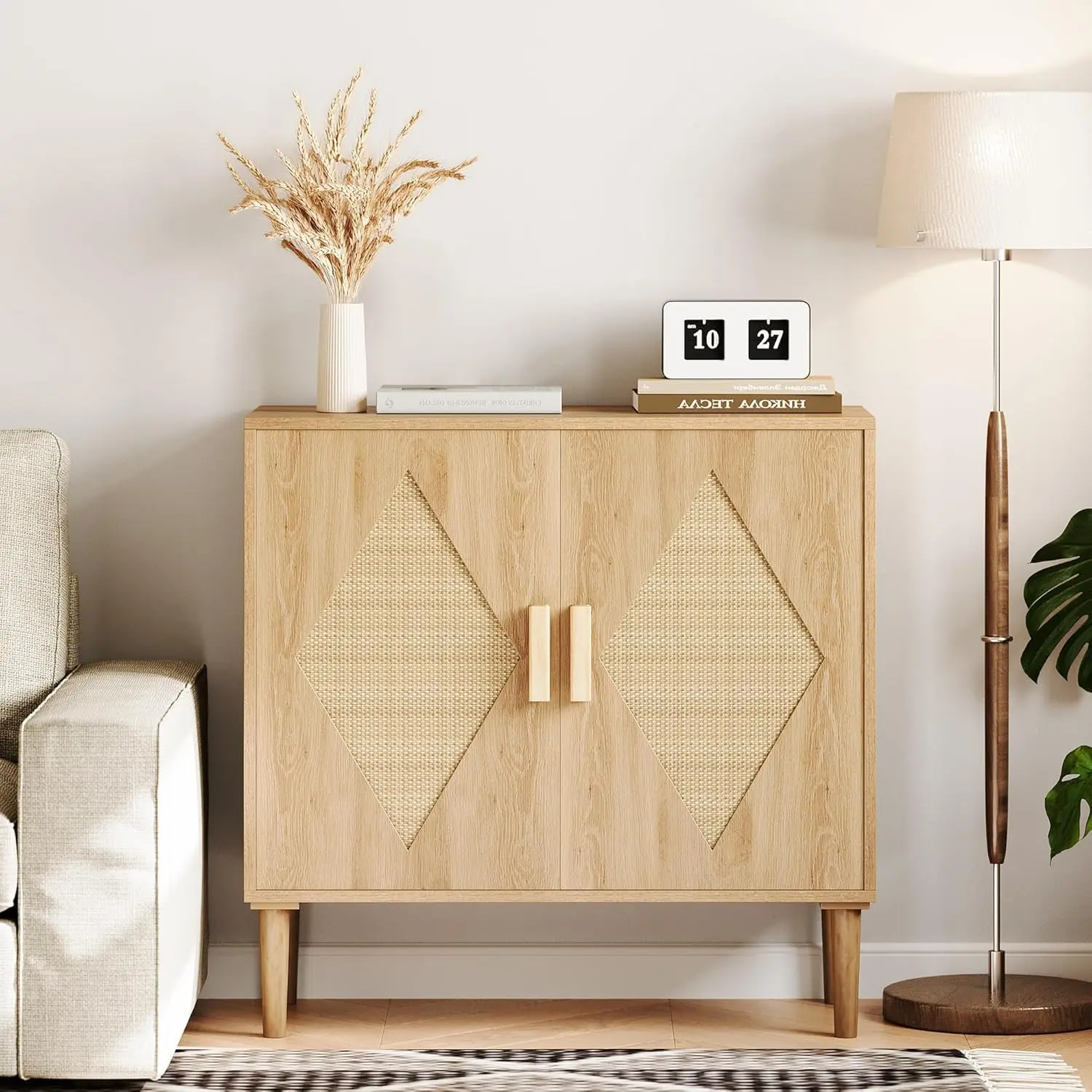 Home Buffet Cabinet with Storage, Storage Cabinet with 2 Rattan Decorated, Sideboard Cabinets, Accent Cabinets for Living Room, Dining Room, Entryway, Natural