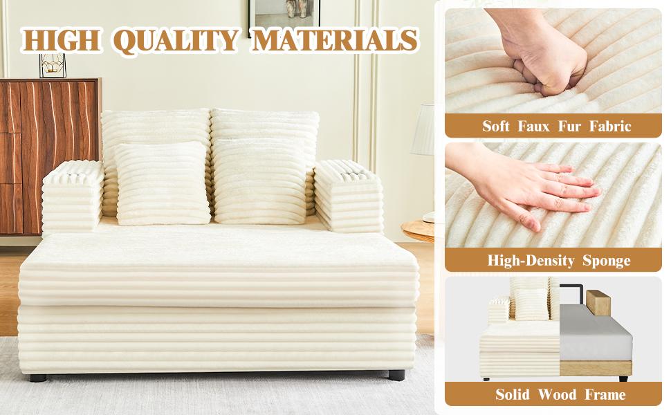 Oversized Chaise Lounge Chair Indoor, 49" Upholstered Sofa Bed with Frame, Plush Faux Fur Sleeper Couch with Throw Pillows, Armrests&Cup Holders, Deep Seat Reading Chair for Living Room, Bedroom,Beige