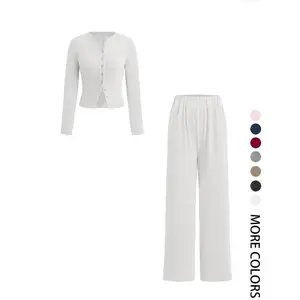 Women's 2-Piece Set Long Sleeve Round Neck Button T-Shirt and Straight Leg Casual Pants, Slim-Fitting for Spring & Fall