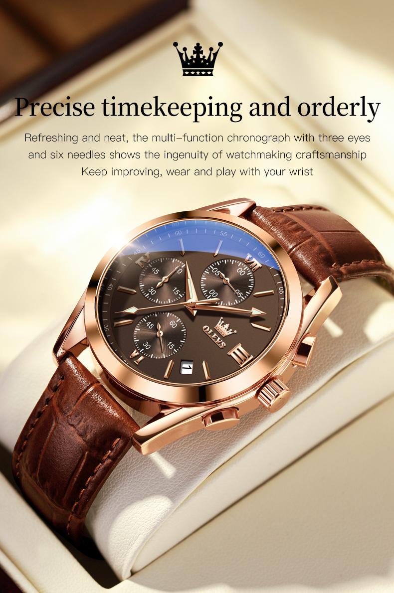 OLEVS Watch for Men Leather Casual Chronograph Analog Dress Strap Waterproof Luminous Fashion Easy to Read Gold Case Mans Watches