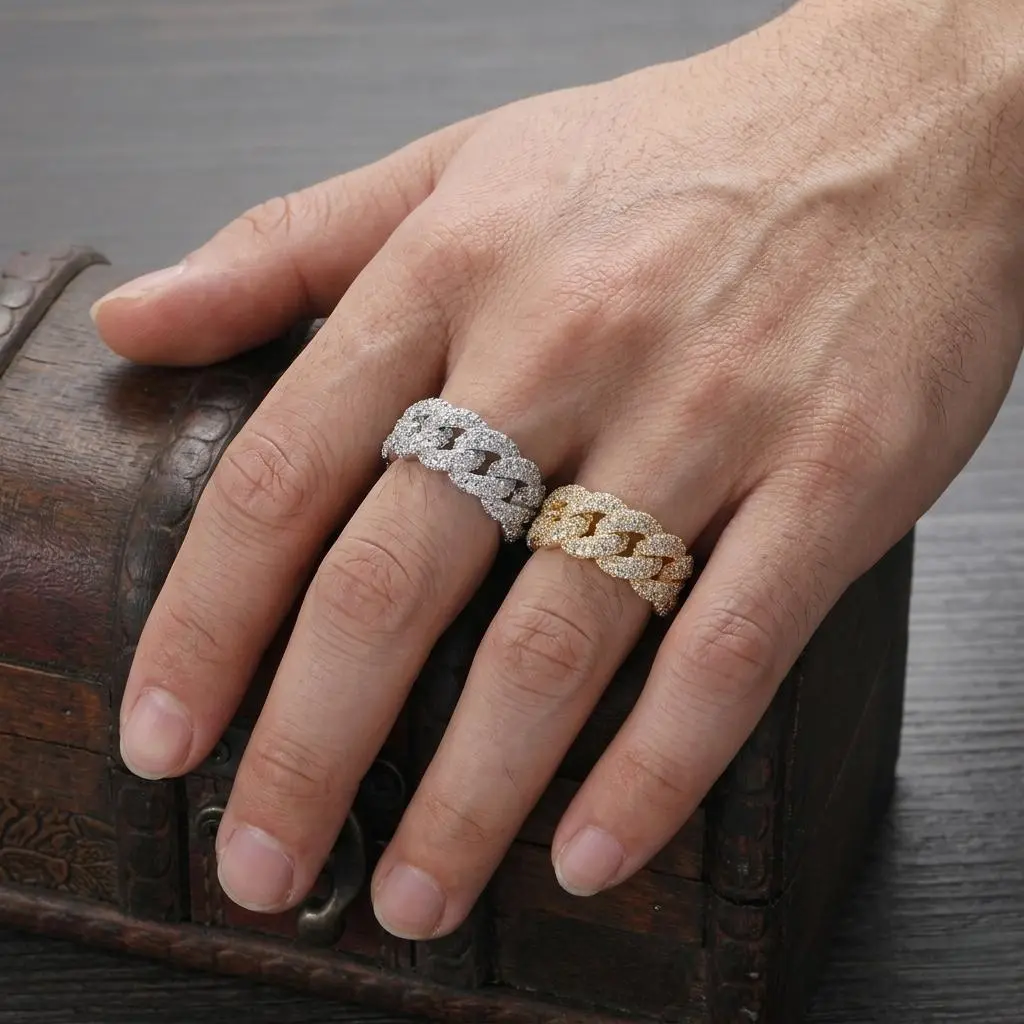 18K Gold 10mm Iced Cuban Ring - Hip Hop Style Luxury Men's Gold Rings, Artificial Gemstone Jewelry, Streetwear Accessory, Gift Idea