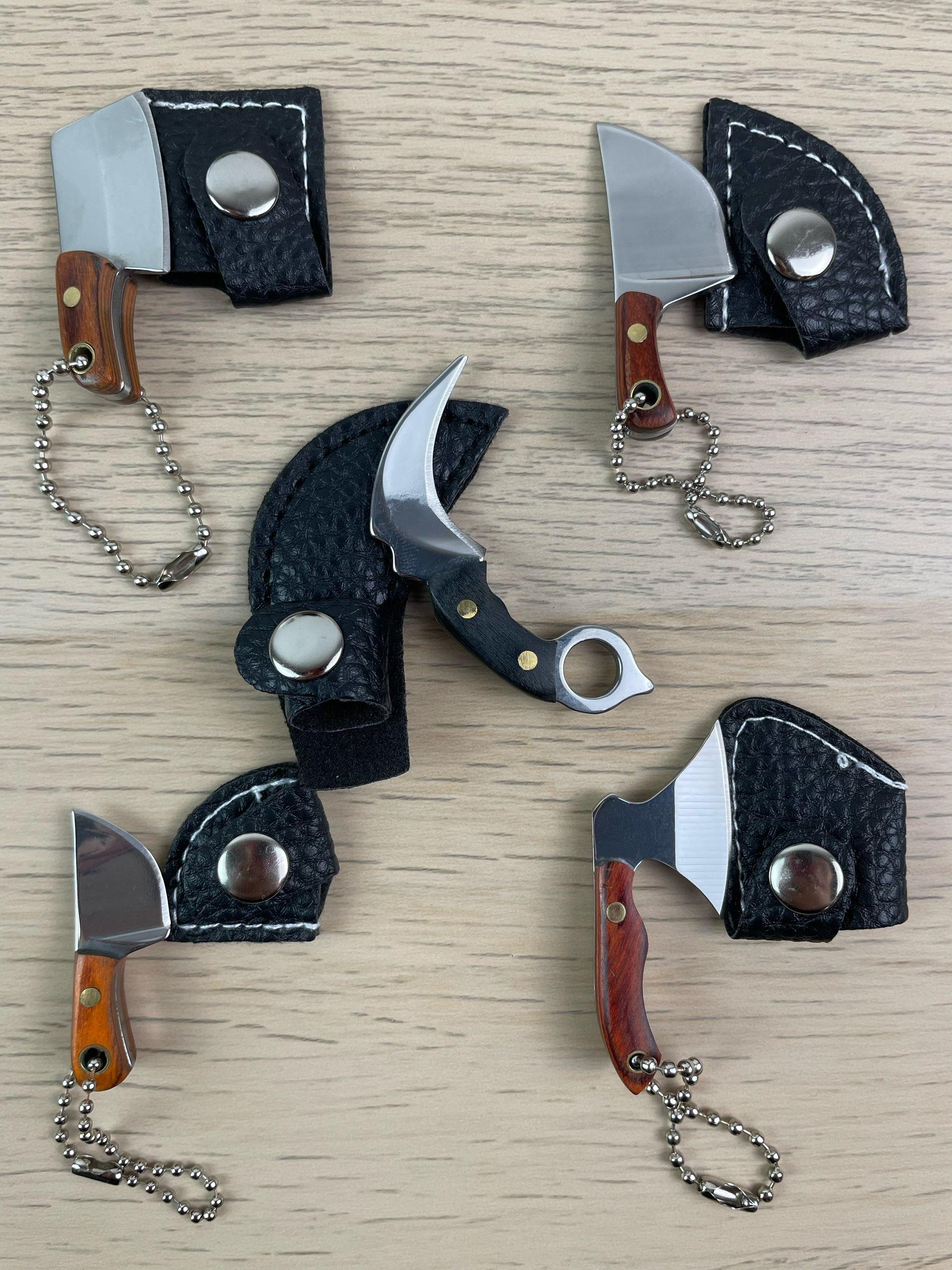 Pocket Knife Set, 5 PCS Set Including Knives & Leather Pouches(machete, axe, square knife, large pork knife and small pork knife), EDC Knife Set for Outdoor Camping, Stainless Steel Tools