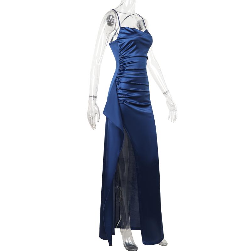 YL24531DGO-Womens Pleated Satin Evening Dress Elegant Split Maxi Formal Gown for Wedding Guest Prom Season Sexy Spring Party and Summer Gala