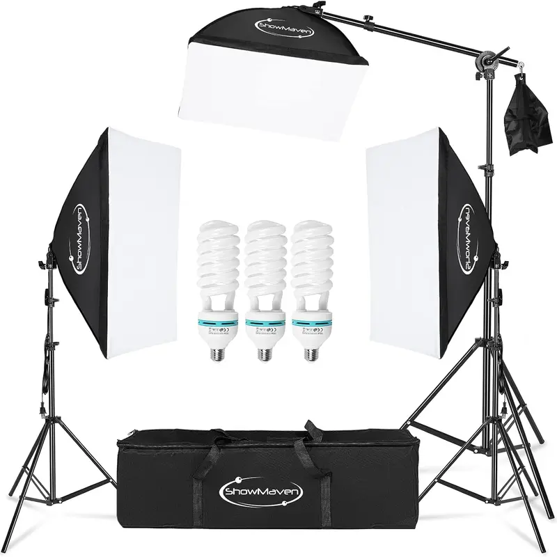 VINGLI Professional Softbox Studio Video Lighting Kit - 200cm Adjustable Light Stand, 1x Boom Arm, 1x Sandbag, 3x 135W 5500K CFL Bulbs, Nylon/Alloy Softboxes, E27 Socket, Portrait Shoot Camera Accessories
