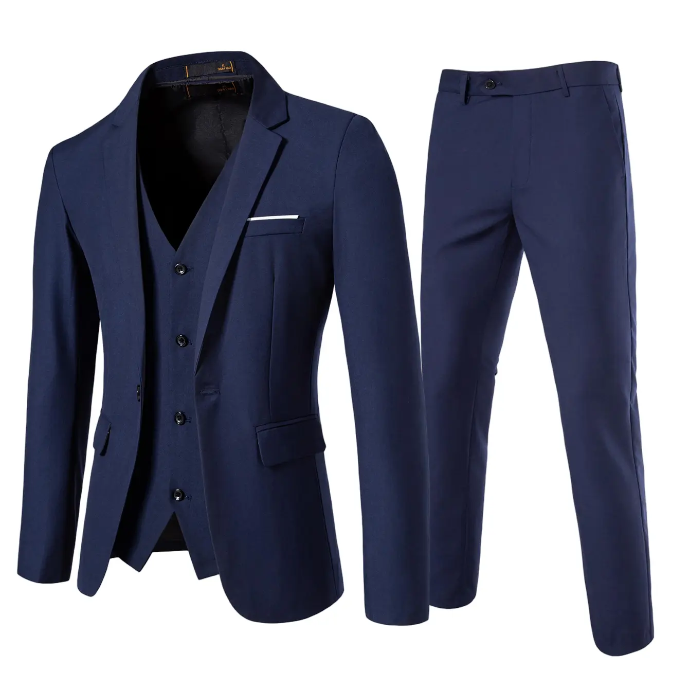 Men’s three piece suit set: single button solid color blazer, vest, and trousers; slim fit formal attire suitable for weddings, balls, and parties.