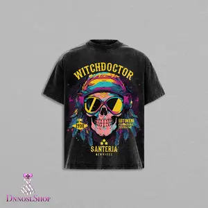 Neon Skull Witchdoctor Graphic T-Shirt Vintage Wash Cyberpunk Streetwear Gothic Skull Tee Festival Rave Alternative Fashion Shirt