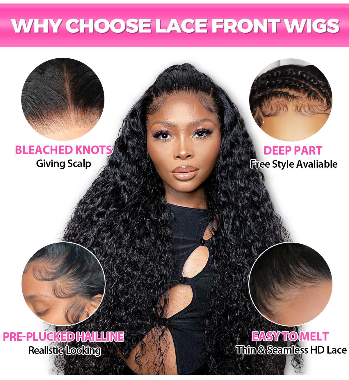 [Clearance Sale] CurlyMe Bleached Knots 13x6 Swiss Lace Water Wave Hair Lace Front Wigs Pre-plucked Natural Black 180% Density Lace Frontal Wig