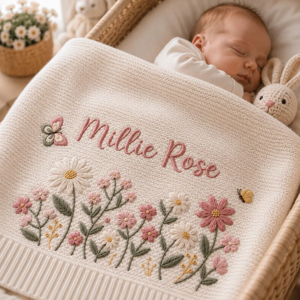 [Made-to-Order] Personalized Wildflower Embroidered Knit Blanket With Name, Custom Name Butterfly Flower Blanket