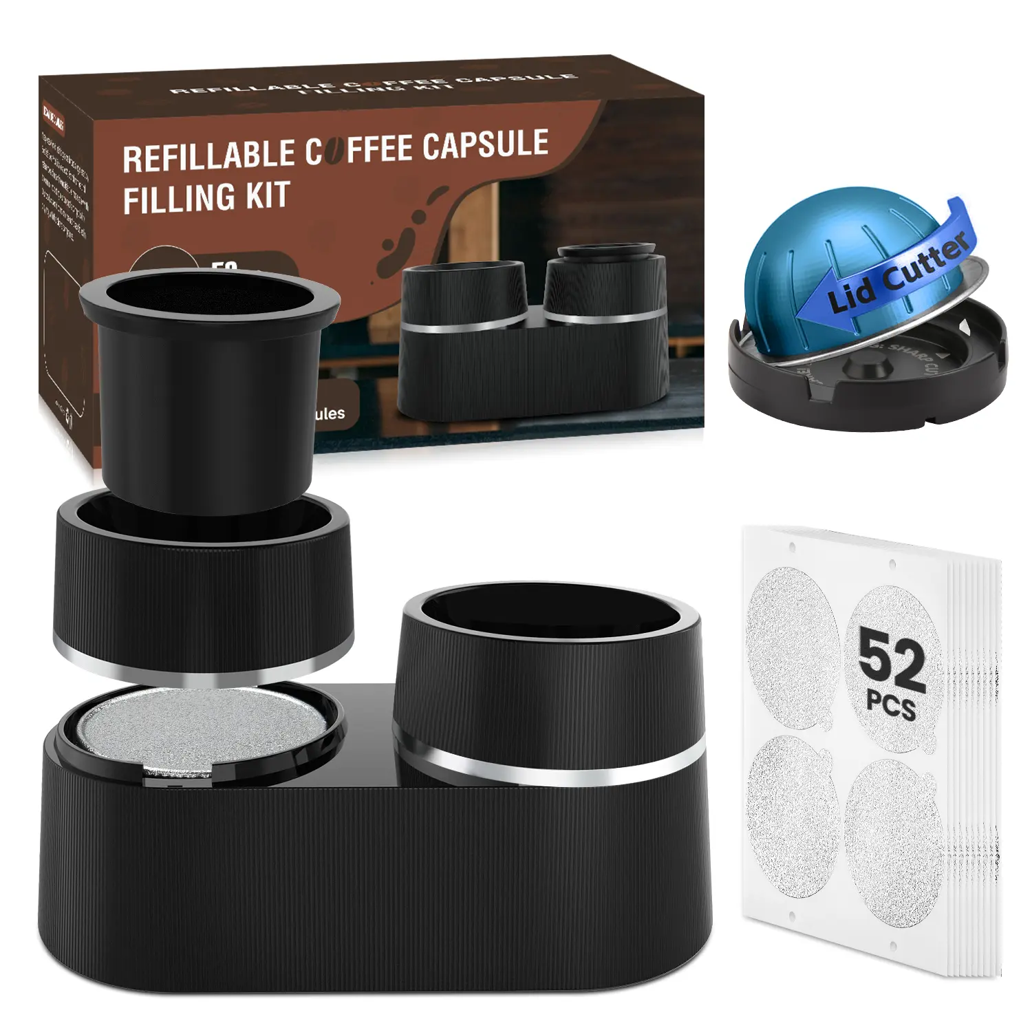 Reusable Double Pods Kit Compatible with Nespresso Vertuo Pods, Refillable Coffee Pods Espresso Accessories with 52 pcs Foil Seals Lids(No Pods Come) Circular Alignment Position Foil Cutter Pressure Seals Reusable Coffee Capsule Kit