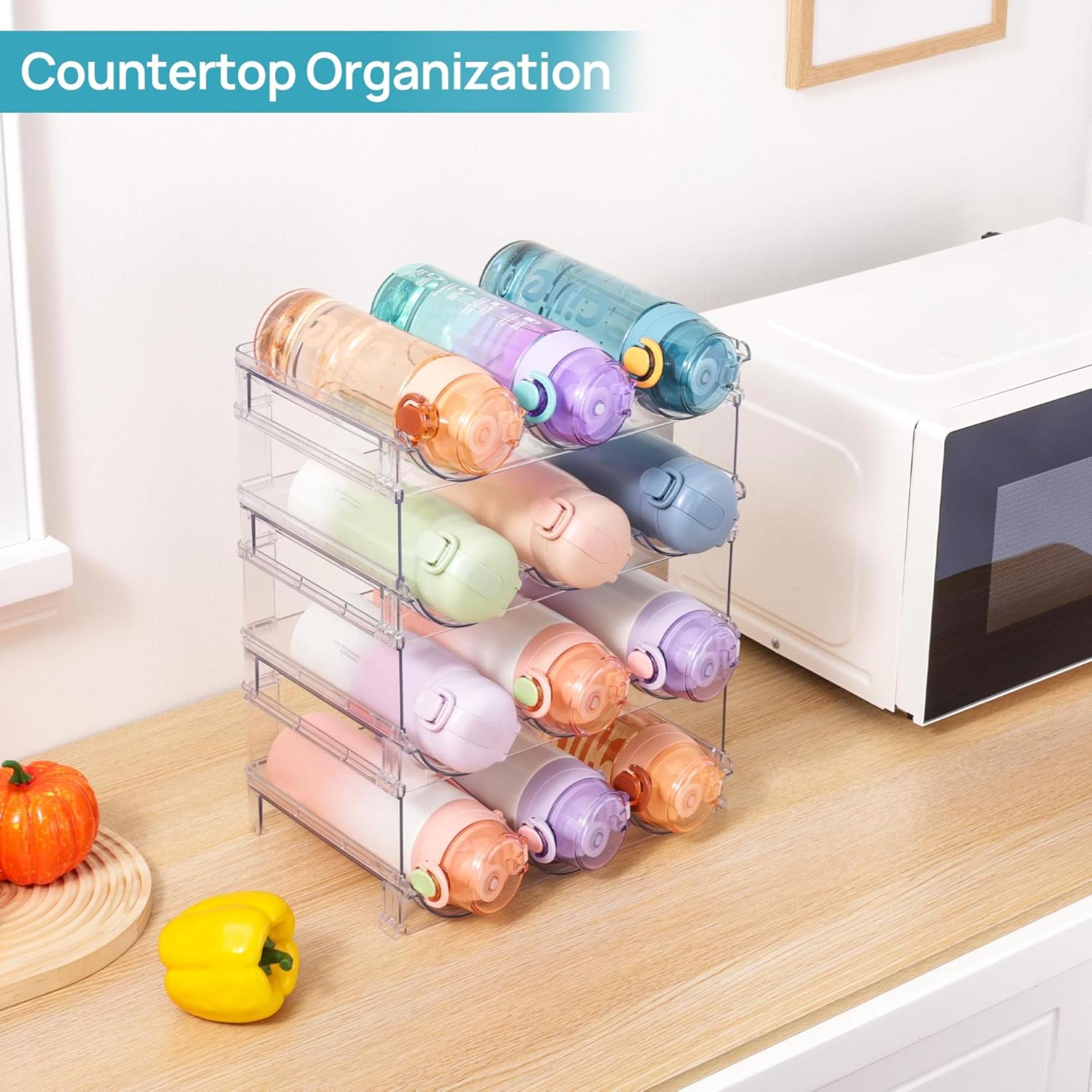 Stackable Water Bottle Organizer Holder, 4 Pack Clear Plastic Cup Storage Rack for Pantry Kitchen Cabinet Cupboard Countertop Organization and Storage, Hold 12 Bottles
