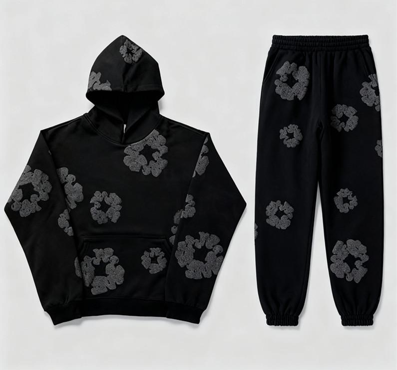 DENIM TEARS Brand Hot Selling New Fashionable Cotton Foamprinted Hoodie European and American Trendy Men's Sportssuit Pink Floral Design with Hood and Drawstring