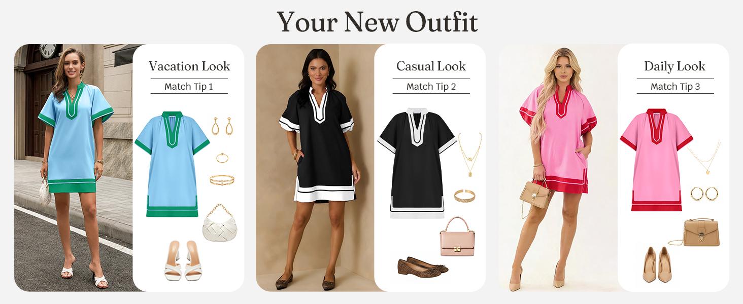 Wenrine Women's Summer Mini Dress Puff Sleeve Casual V Neck Color Block Side Slit Loose Shirt Dresses with Pockets Wenrine Women's Summer Mini Dress Puff Sleeve Casual V Neck Color Block Side Slit Loose Shirt Dresses with Pockets