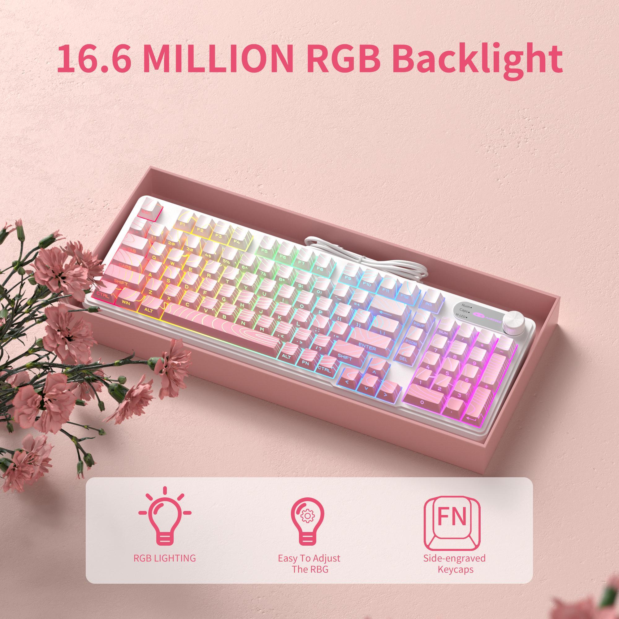 MageGee GK960 Wireless Gaming Keyboard RGB Tri-Mode Wired BT 2.4G Creamy with Number Pad 4000mAh Battery Knob Control Side Printed Keycaps 19-Key Anti-Ghosting for Win Mac White Pink White