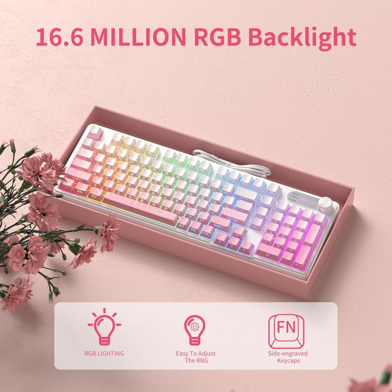 MageGee GK960 Wireless Gaming Keyboard RGB Tri-Mode Wired BT 2.4G Creamy with Number Pad 4000mAh Battery Knob Control Side Printed Keycaps 19-Key Anti-Ghosting for Win Mac White Pink White