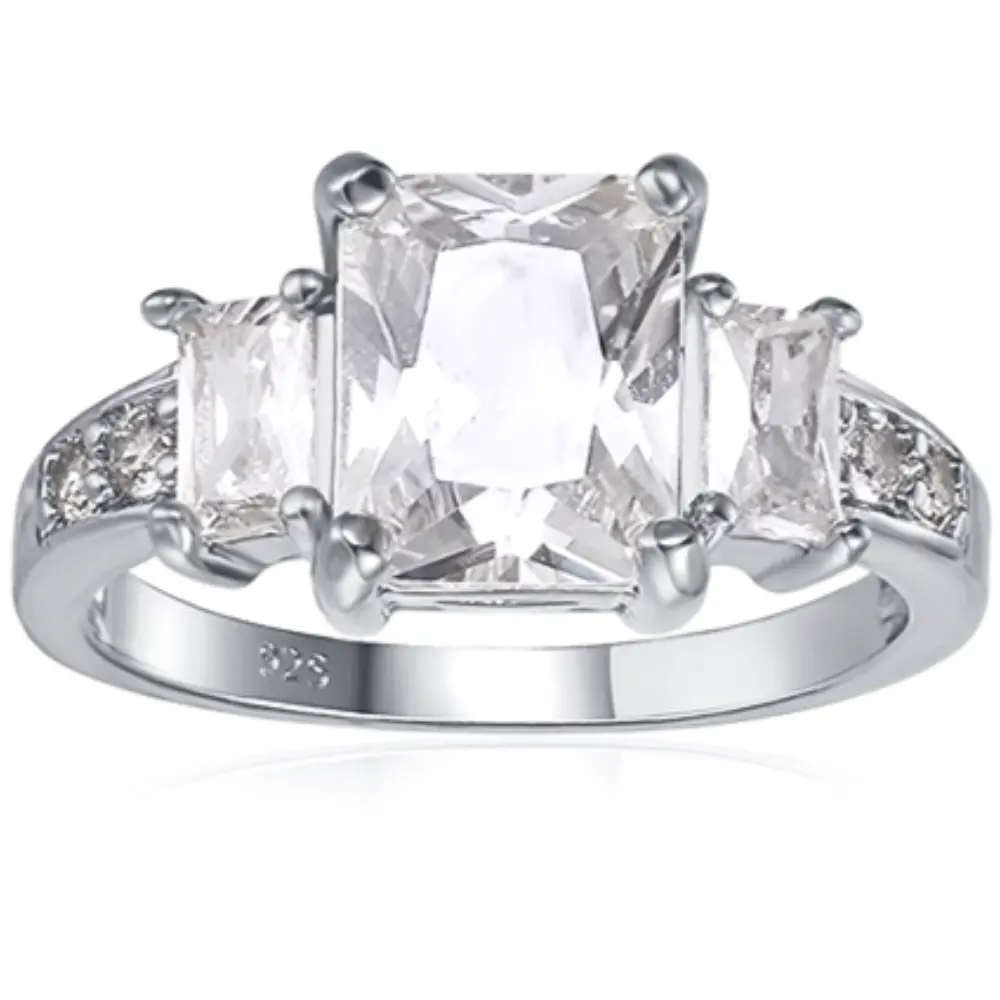 Starlette Gretchen Ring | 3 Carat Emerald Cut Center Stone | Plated in Rhodium | Simulated Diamond Engagement Ring