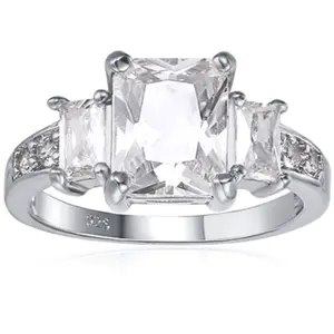 Starlette Gretchen Ring | 3 Carat Emerald Cut Center Stone | Plated in Rhodium | Simulated Diamond Engagement Ring