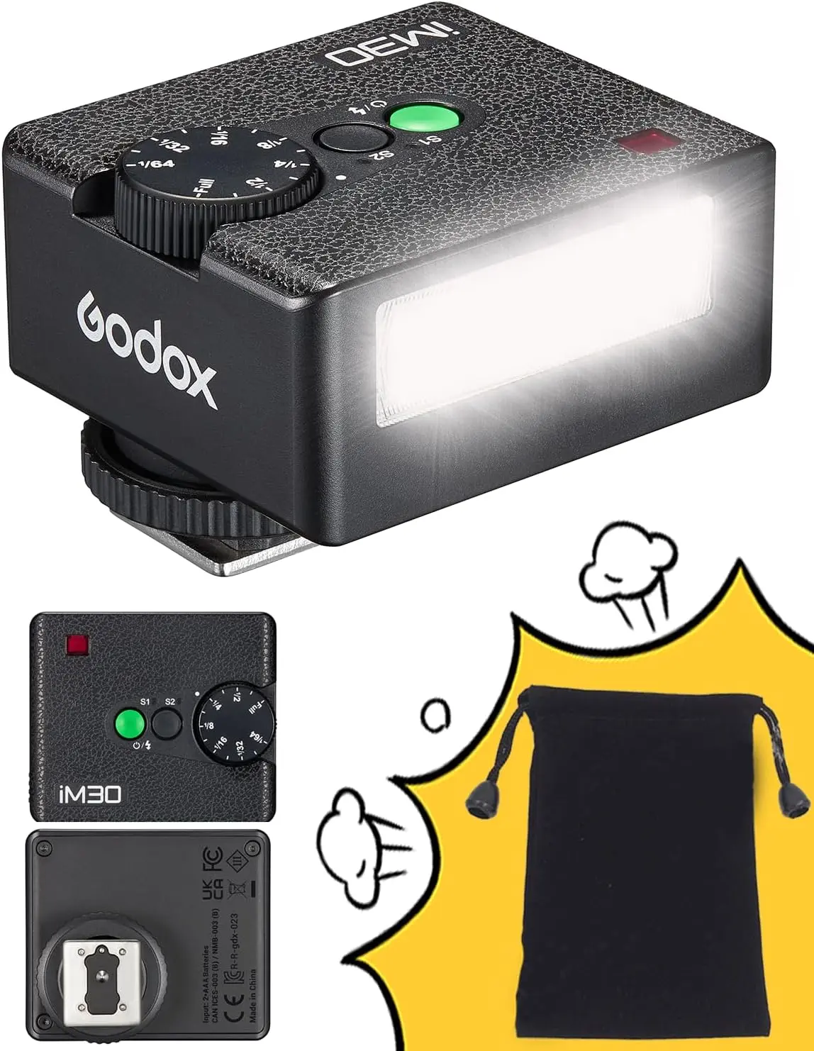 Godox iM30 Mini Manual Camera Flash - GN15, 7 Power Levels, Compact Front-Only Flash Use, Single-Contact Hot Shoe for Mirrorless & Film Cameras