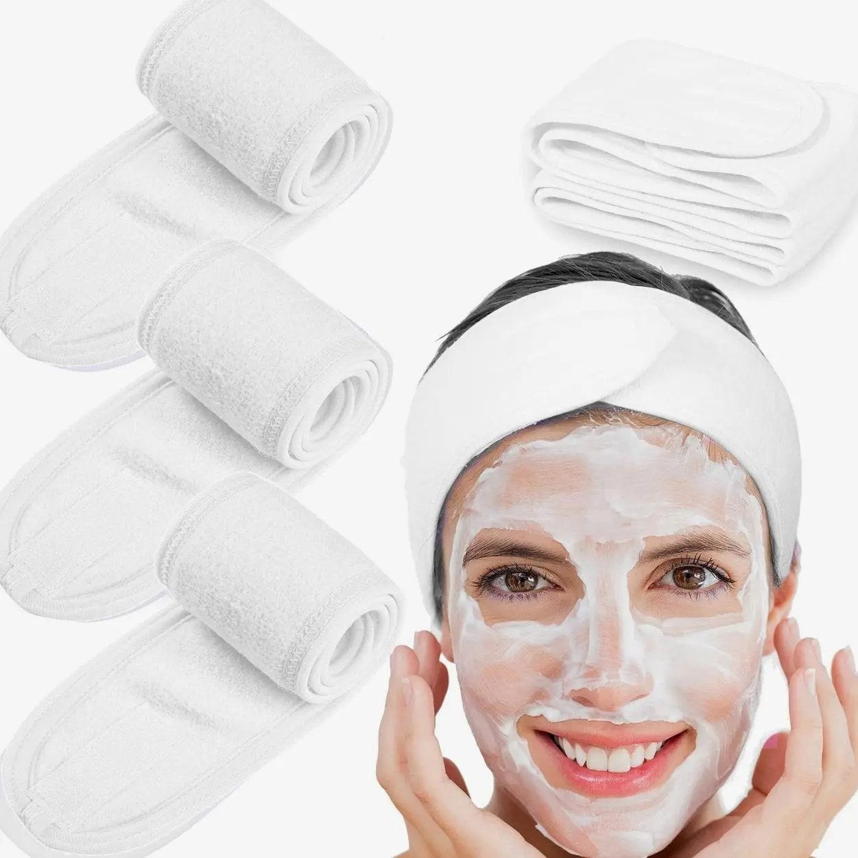 Whaline Spa Facial Headband Head Wrap Terry Cloth Headband 4 Counts Stretch Towel for Bath, Makeup and Sport (White)