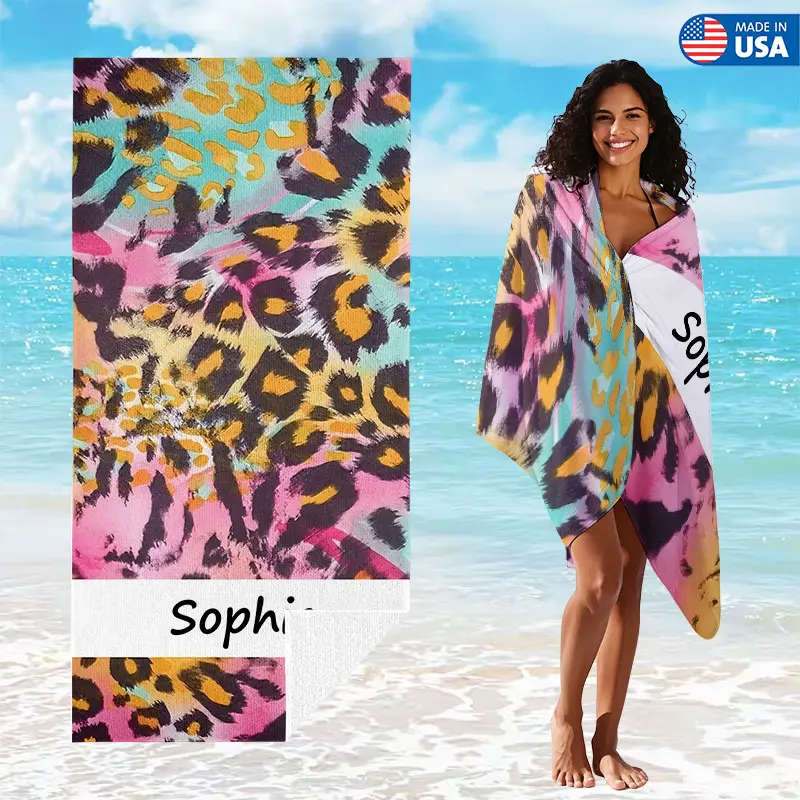 Brown Cheetah Leopard Print Custom Name Beach Towel 30" x 60", Personalized Your Name Super Absorbent Bath Towel Quick Dry Lightweight Towel for Beach Yoga Travel Swim Camping Holiday Cover Cozy