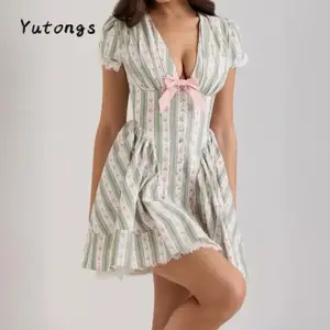 Floral Lace Puffy Bubble Sleeves Waistband Pure Desire Dress for Women