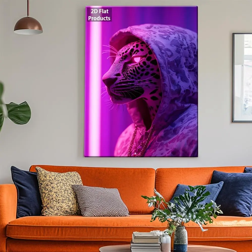 2D Flat, Leopard in Hoodie Neon Pink & Violet Wall Art - Framed Suitable for Modern, - Sizes Available - Picture Framing Service - Art Deco Style HD, 2D Flat	