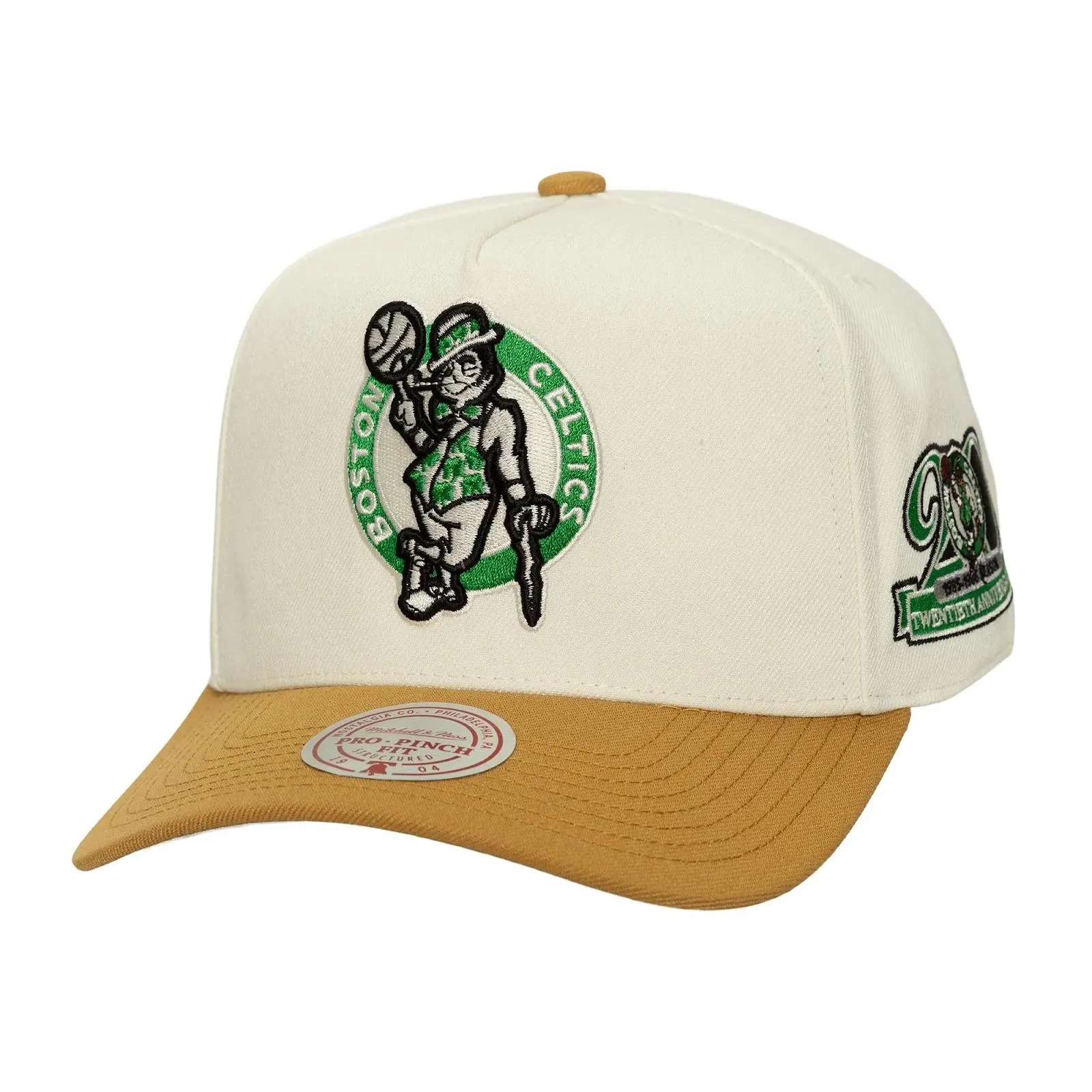 Mitchell & Ness Boston Celtics Cream and Brown Hardwood Classics Unisex Casual Cotton Graphic Dusted Double Pro Pinch Snapback Hat
