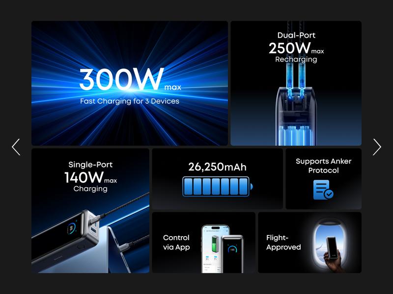 Anker Prime Power Bank, 26,250mAh 3-Port Portable Charger with 300W Max Output, Two-Way Charging, TSA-Approved, App Control, for MacBook, iPhone 17/16 Series, and More (Base Not Included)