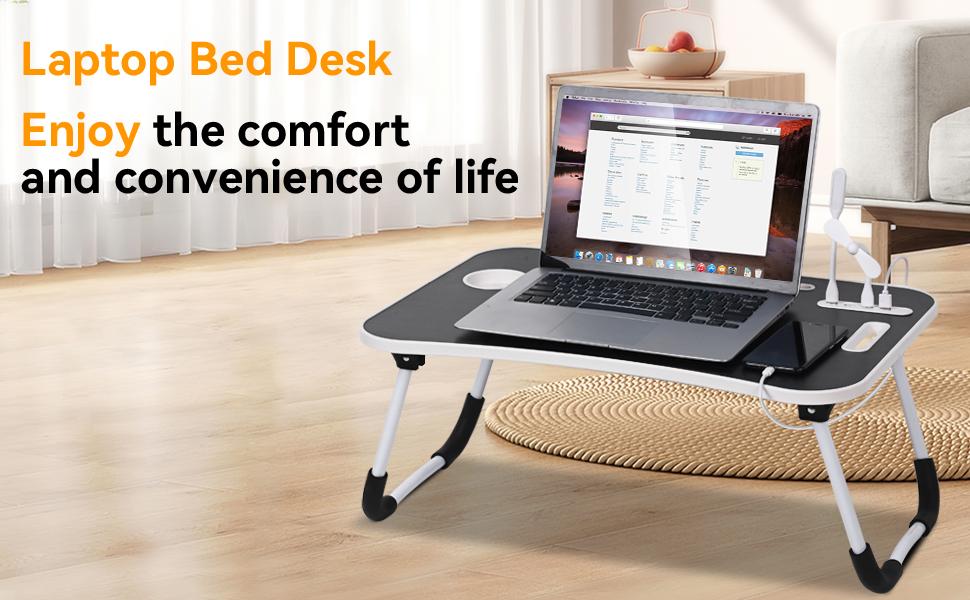 Laptop Bed Desk, Portable Foldable Laptop Table, Lap Desk Tray Table with 4 USB Ports, Storage Drawer and Cup Holder, for Bed/Couch Working, Reading