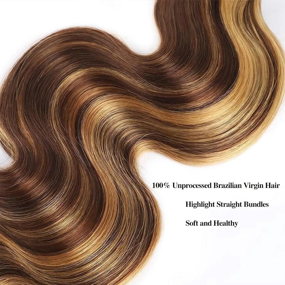 Ombre Human Hair Bundles P4/27 Brazilian Body Wave Bundles with 2x6 Closure Sew in #Fb 30 Ombre Brown Hair Bundles for Quick Weave Balayage Highlight Hair Extensions