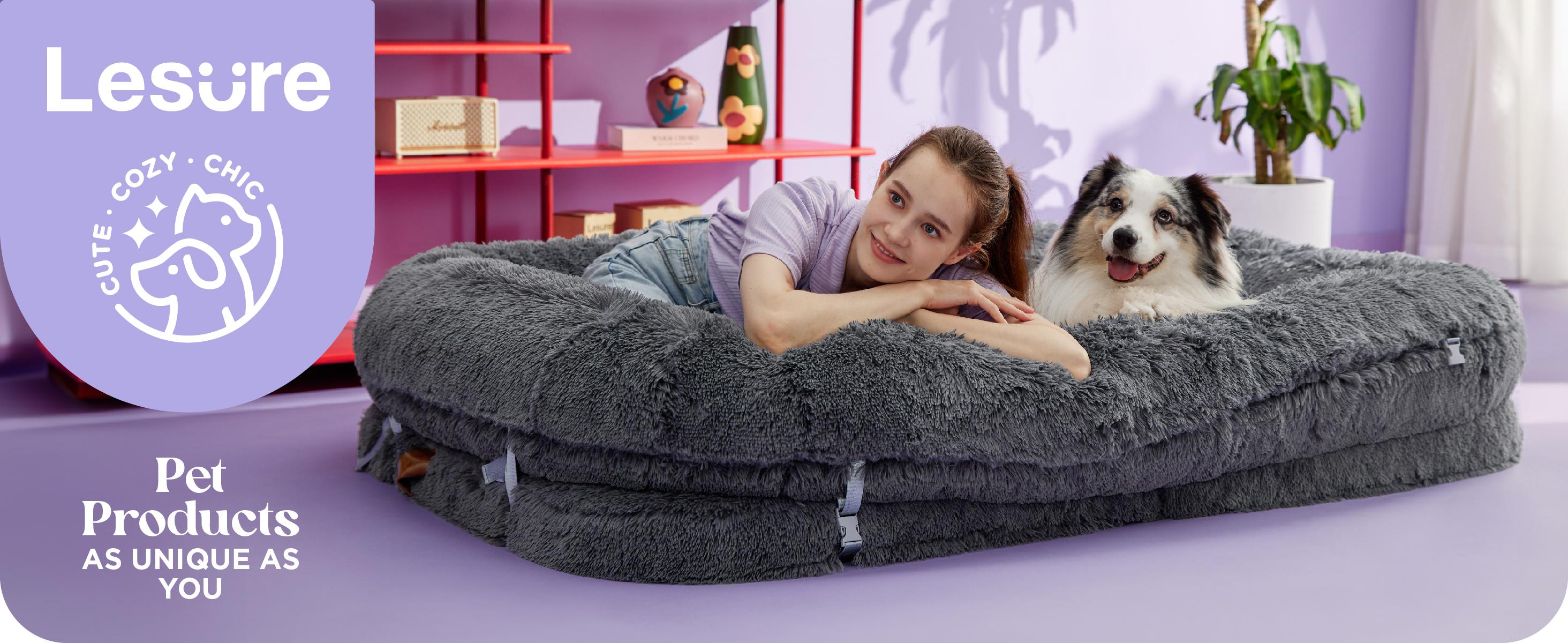 Lesure Luxury Warm Foldable 3-in-1 Flexible Giant Human Dog Bed Cozy Fluffy Faux Fur Lounge Sofa with Supportive Bolster Egg Foam Soft Plush Calming Orthopedic Bed for Winter Comfort Classic Lounge Sofa Options Valentine’s Day Choice