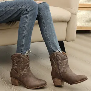Globalwin Women’s Cowgirl Boots Ankle Brown Cowboy Boots With Embroidered Stitching Low Heel Comfortable Western Boots For Country Outfits