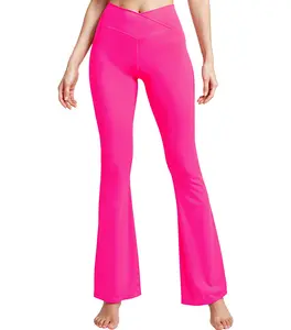 Treswear High Waisted Flare Leggings for Women with Tummy Control, Crossover Bootcut Women's Yoga Pants for Gym Workouts (Hot Pink) Activewear Fitness, Women's High Waist Flare Leg Sports Leggings Flared Yoga Bottoms