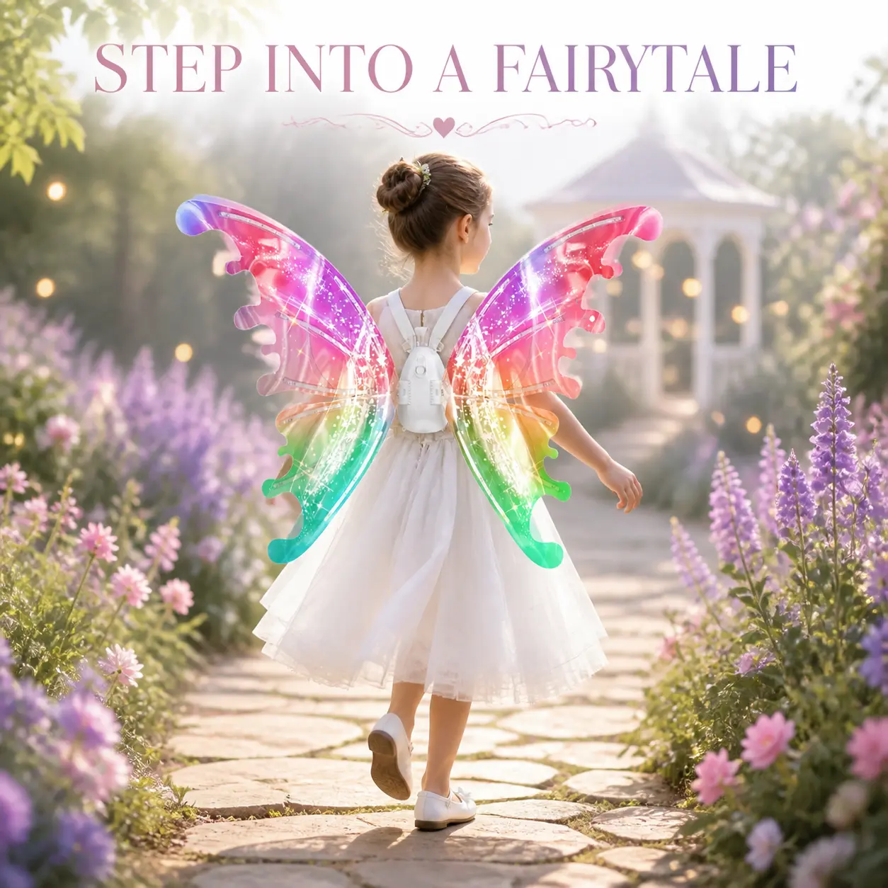Light Up Moving Fairy Wings for Girls, Electric Butterfly Wings with Colorful LED Lights, Music and Adjustable Straps, Princess Dress Up Costume Accessory for Kids Birthday Parties, Halloween, Cosplay, School Shows, Photo Shoots and Pretend Play