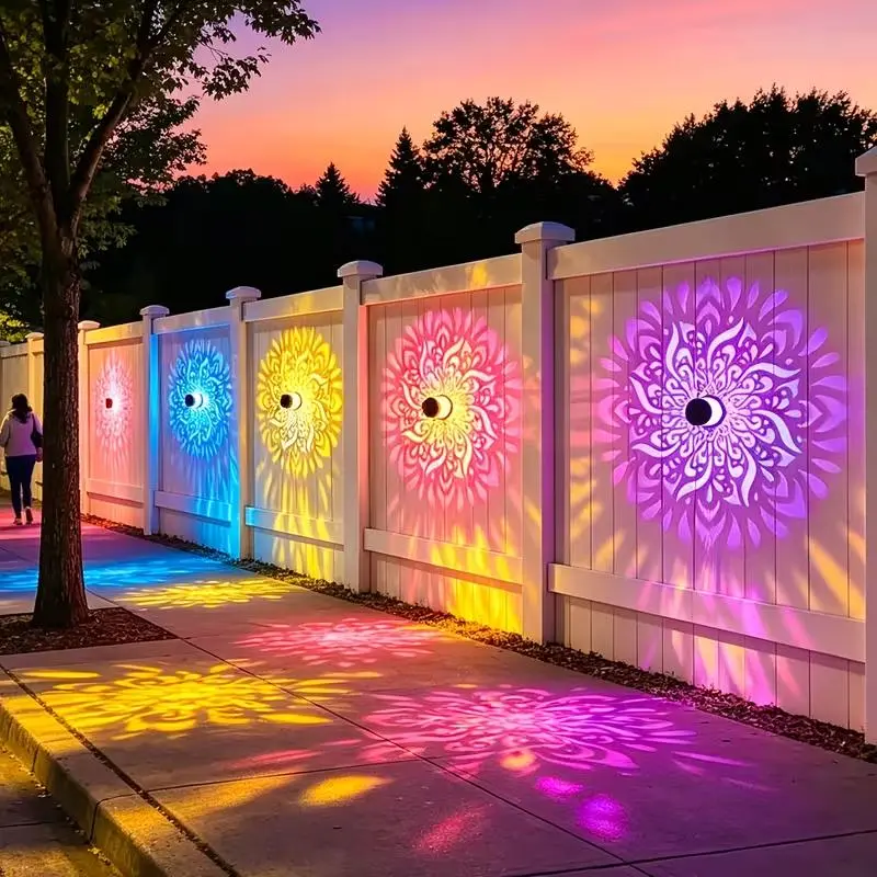 【2-Pack RGB Color Changing Solar Mandala Projector Wall Lights】Durable Waterproof Metal Fence Light, Outdoor Decorative Lights for Garden, Patio, Backyard and Courtyard, Suitable for Halloween And Christmas