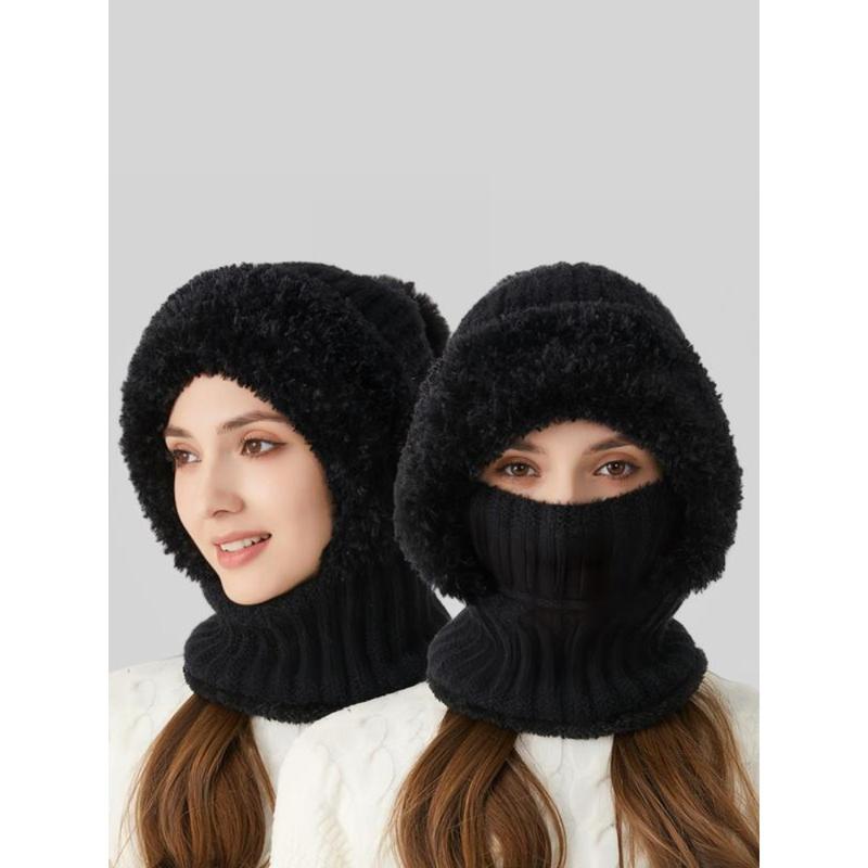 Women's Solid Color Pom Pom Decor Beanie Hat, Casual Warm Thickened Knit Hat for Fall & Winter, Fashion Accessories for Women & Girls Bonnet With Bunny Ears Bonnet