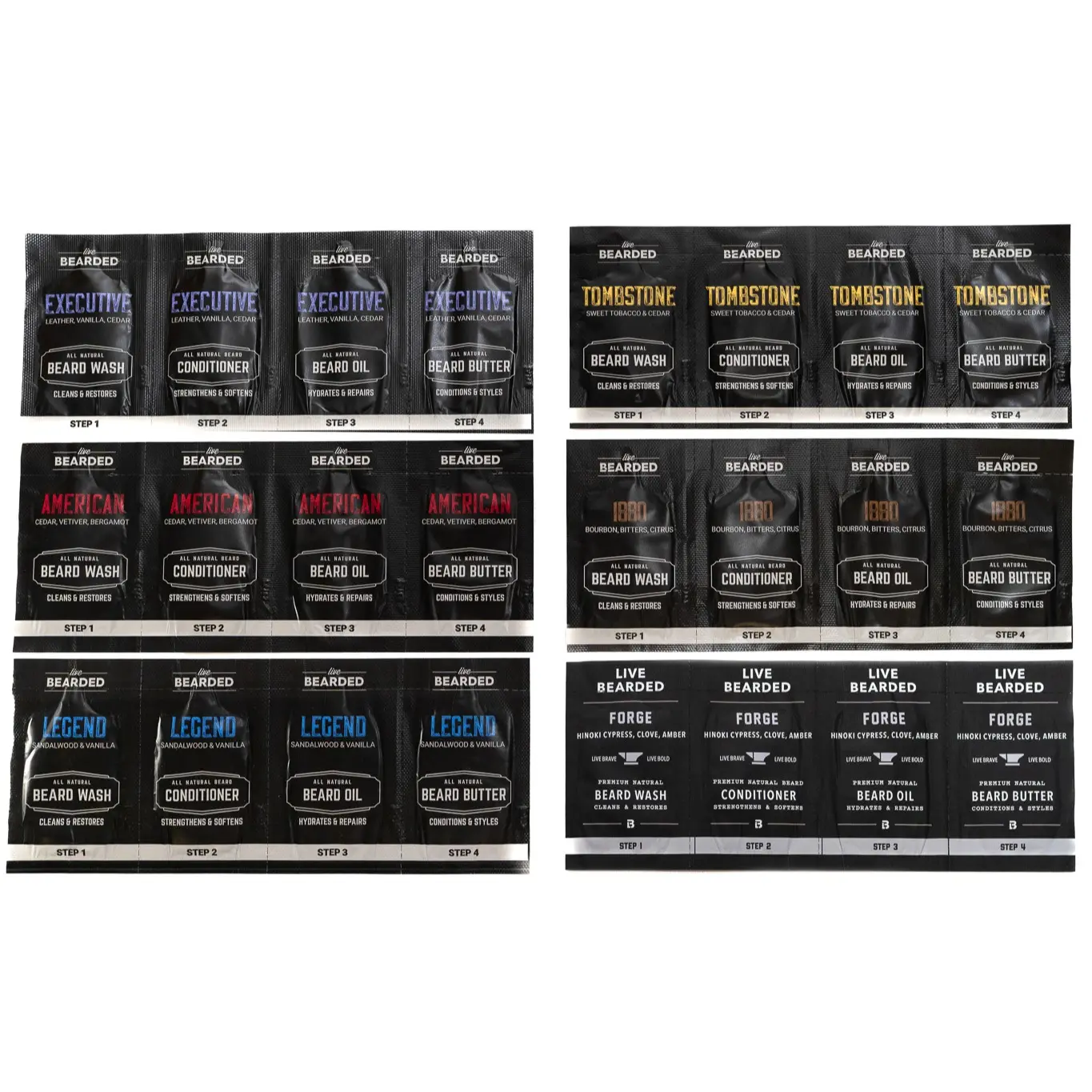50% off Sample Pack + Free Carbon Fiber Comb - 24-Piece Grooming Kit with Beard Oil, Butter, Wash & Conditioner (Try 6 Premium Scents)