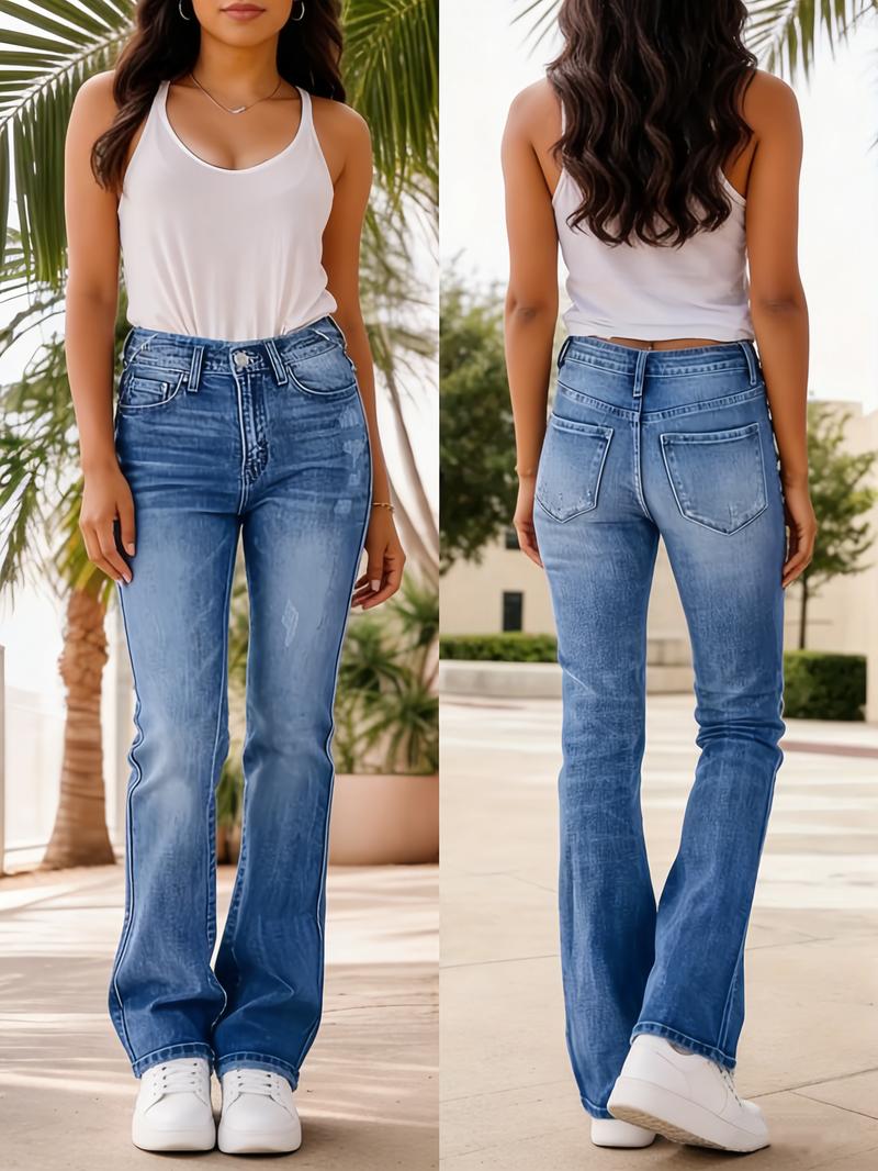 Women's Gradient Color Slim Fit Fashion Bootcut Jeans, Cat Eye Texture Washed Denim Mid Waist Stretchy Pants, Bohemian Style for All Seasons