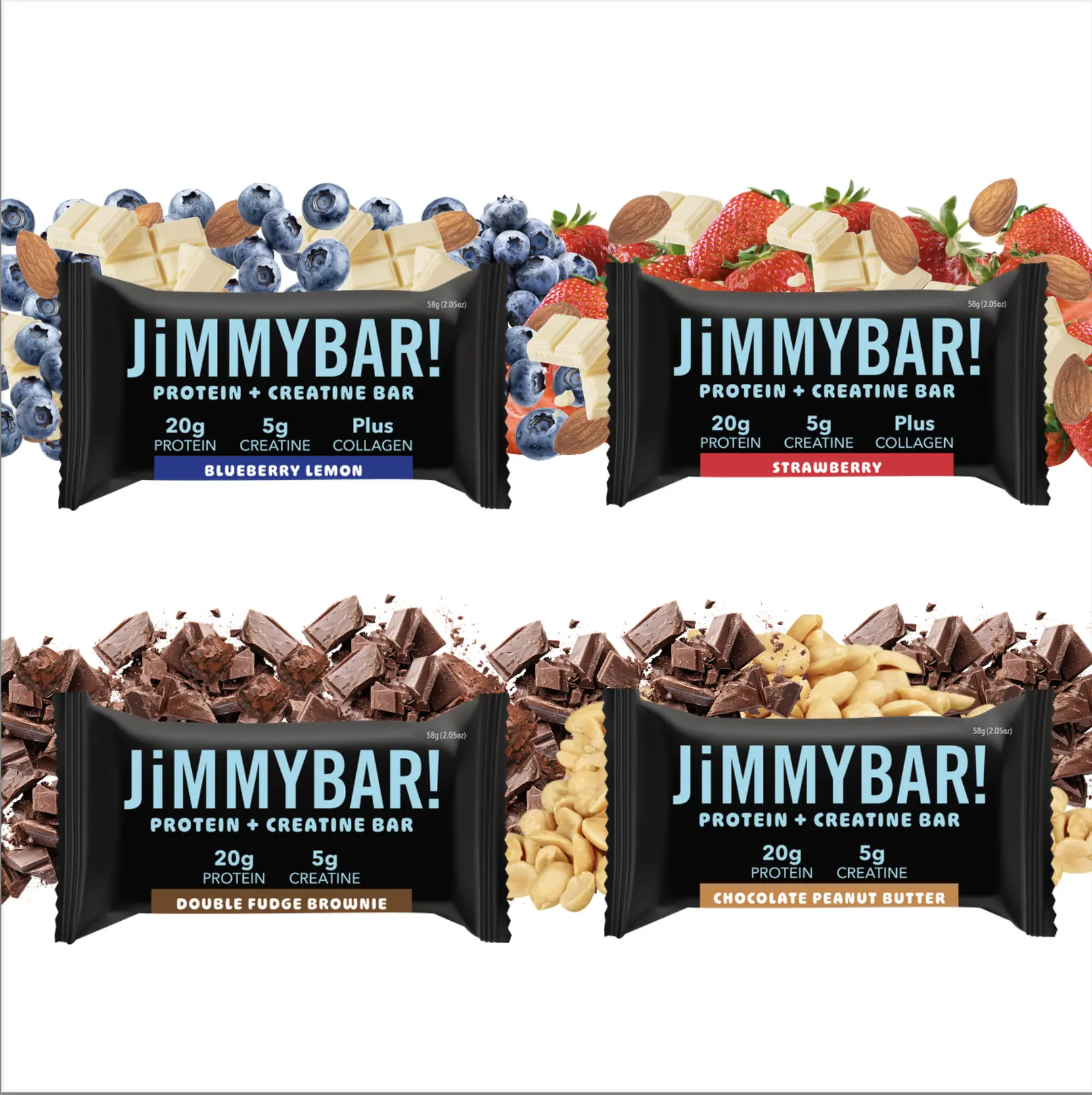 JiMMYBAR! Creatine Protein Bar VARIETY PACK - 20g Protein, 5g Creatine, Boosted with Collagen - Chocolate Peanut Butter & Double Fudge Brownie - Strawberry & Blueberry Lemon - Homemade Natural Snack - America's Best Protein Bar