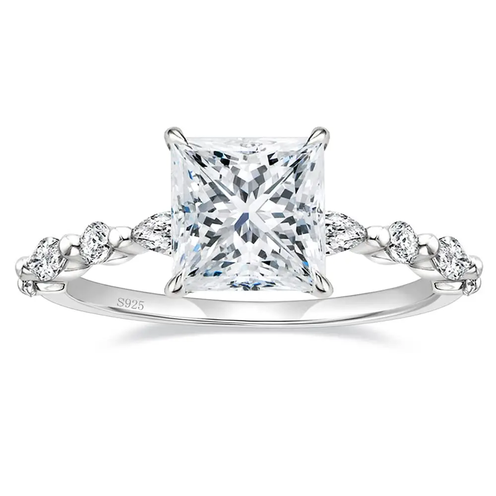 EAMTI 2CT 925 Sterling Silver Ring Princess Cut CZ Engagement Ring Marquise & Round Cubic Zirconia Wedding Band for Women