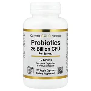 California Gold Nutrition Probiotics with Lactobacillus acidophilus, Bifidobacterium lactis, Lactobacillus plantarum, and Lactobacillus casei, 10 Strain Blend, 25 Billion CFU, 180 Veggie Capsules