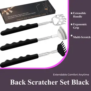 Back Scratcher Set 3 Pack Metal Telescoping with Rubber Handles Extendable 7-teeth & 15-teeth Rake Claw Bear Claw Back Massager Tool in Beautiful Box Stocking Stuffers for Men Women Christmas Presents(Black)