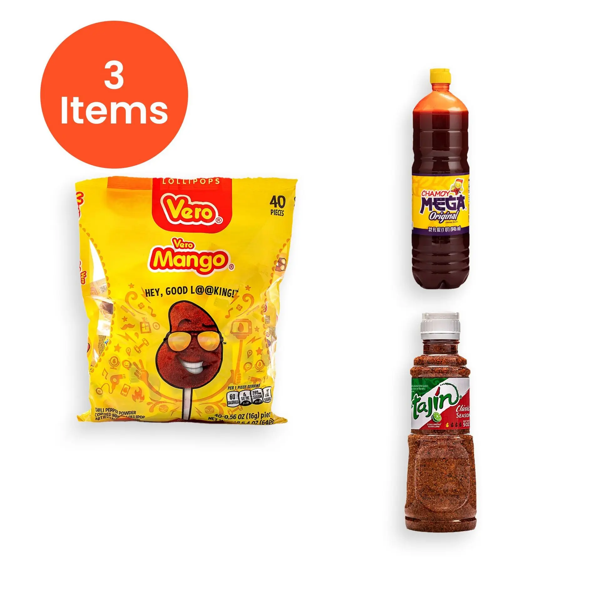 Vero Mango Chili Coated Lollipops Candy with Mega Chamoy Liquido Original and Tajín Classic with Lime Seasoning Snack Bonbon