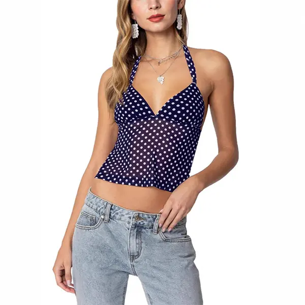 Navy/white polka dot mesh halter cropped cami top; sheer deep V retro Y2K summer fitted tank blouse