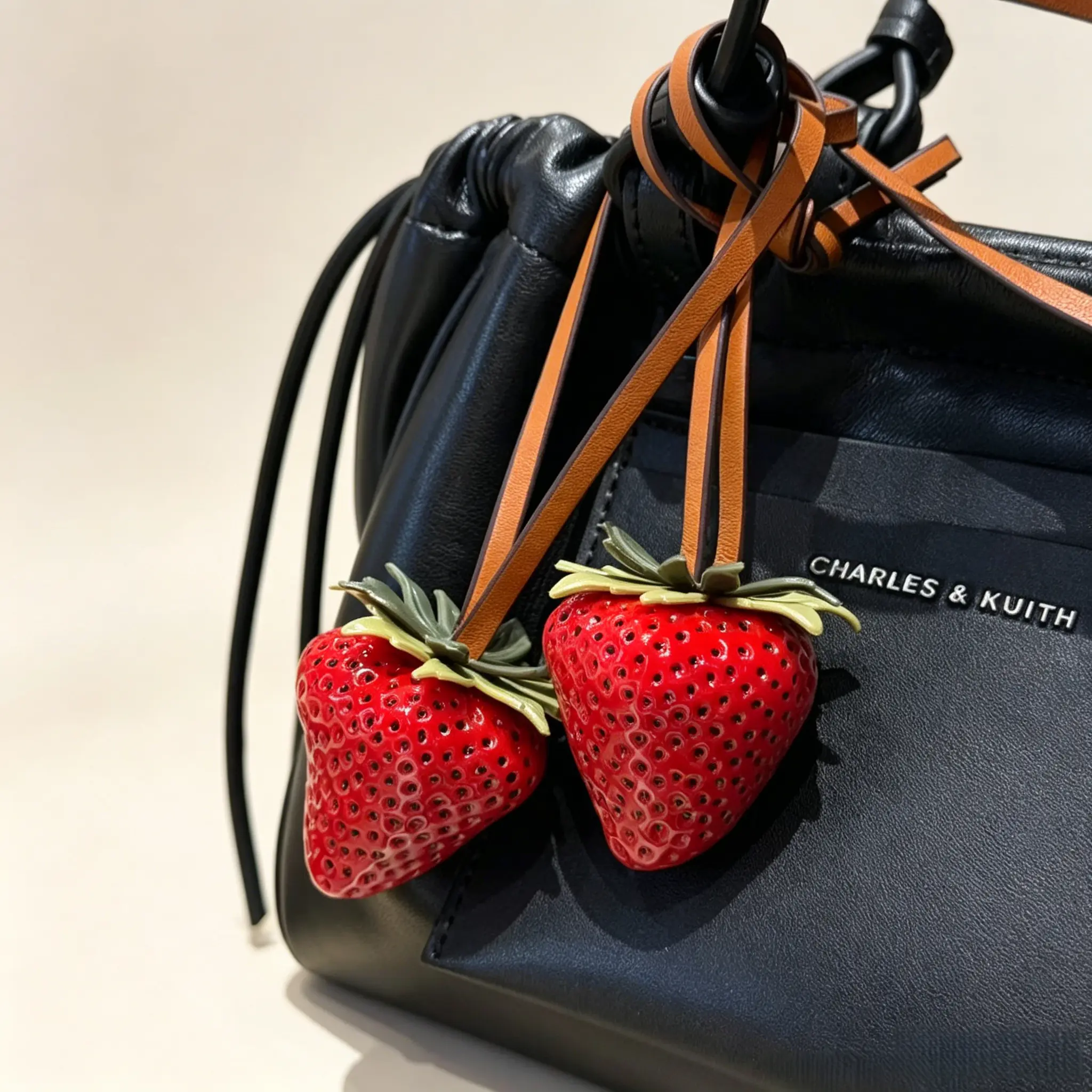 Cute 3D Resin Strawberry Fruit Charm with Leather Chain - Universal Handbag Accessory for Adults, Car Ornament Fun, Home Hanging Decor