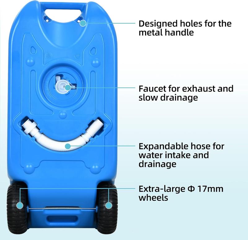YITAMOTOR 40L Portable Water Tank with Solid Handle, Odorless Tote for Camper with Large Wheels, Portable Water Holding Tank with Filling and Draining Ports for Efficient Water Management, Blue