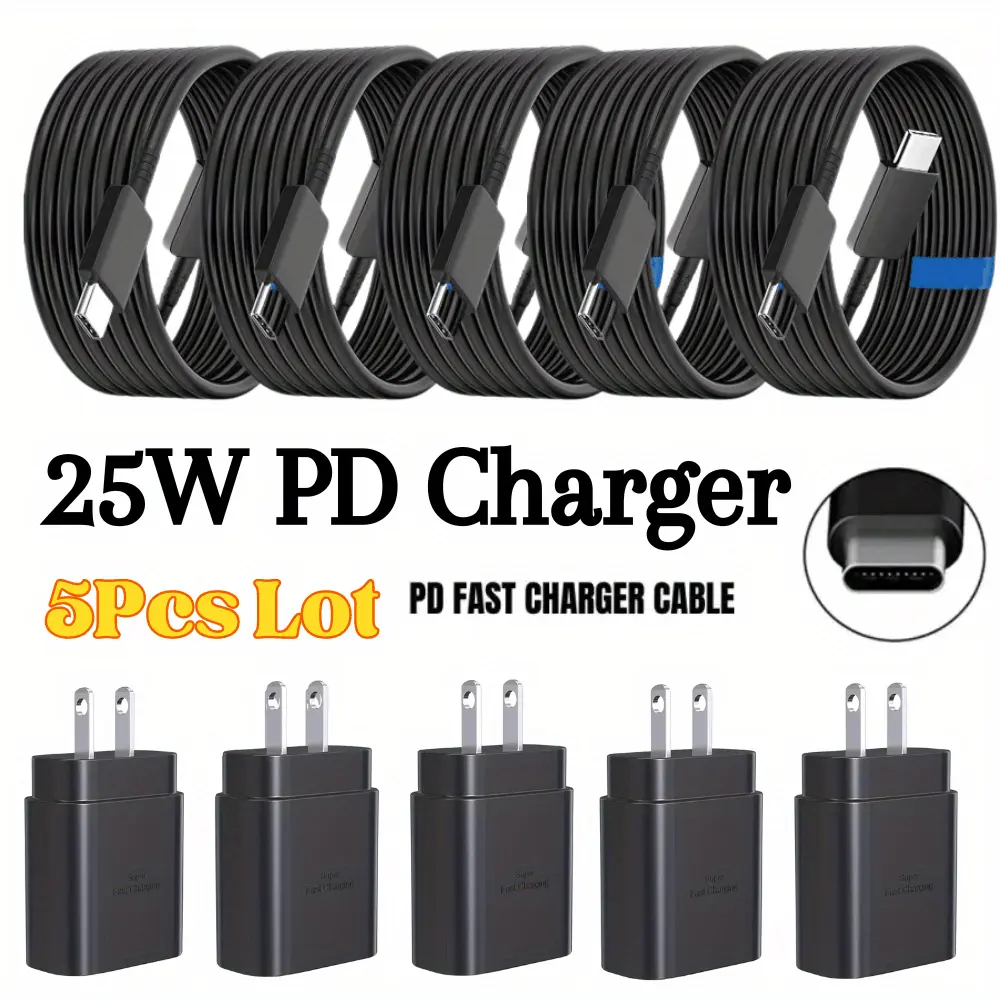25W USB-C Super Fast Charging Power Adapter PD 6.6FT Type C Charger Block For Samsung 5pcs