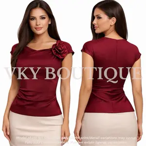 Elegant Rose Appliqué Asymmetrical Neck Top KF