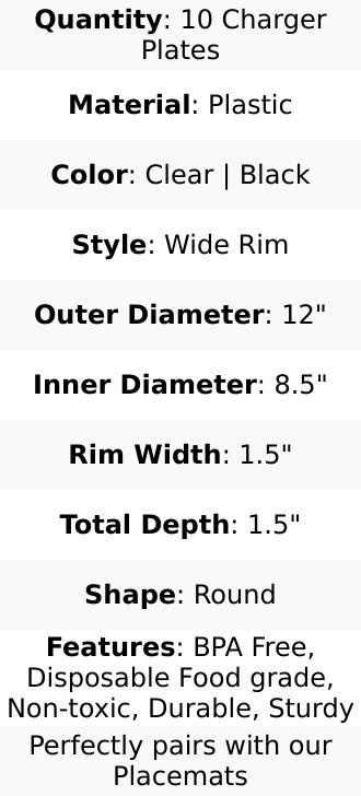 10-Pack Economy Plastic Round Charger Plates 12" in Clear with Wide Black Rim, Decorative Dinner Party Serving Plates