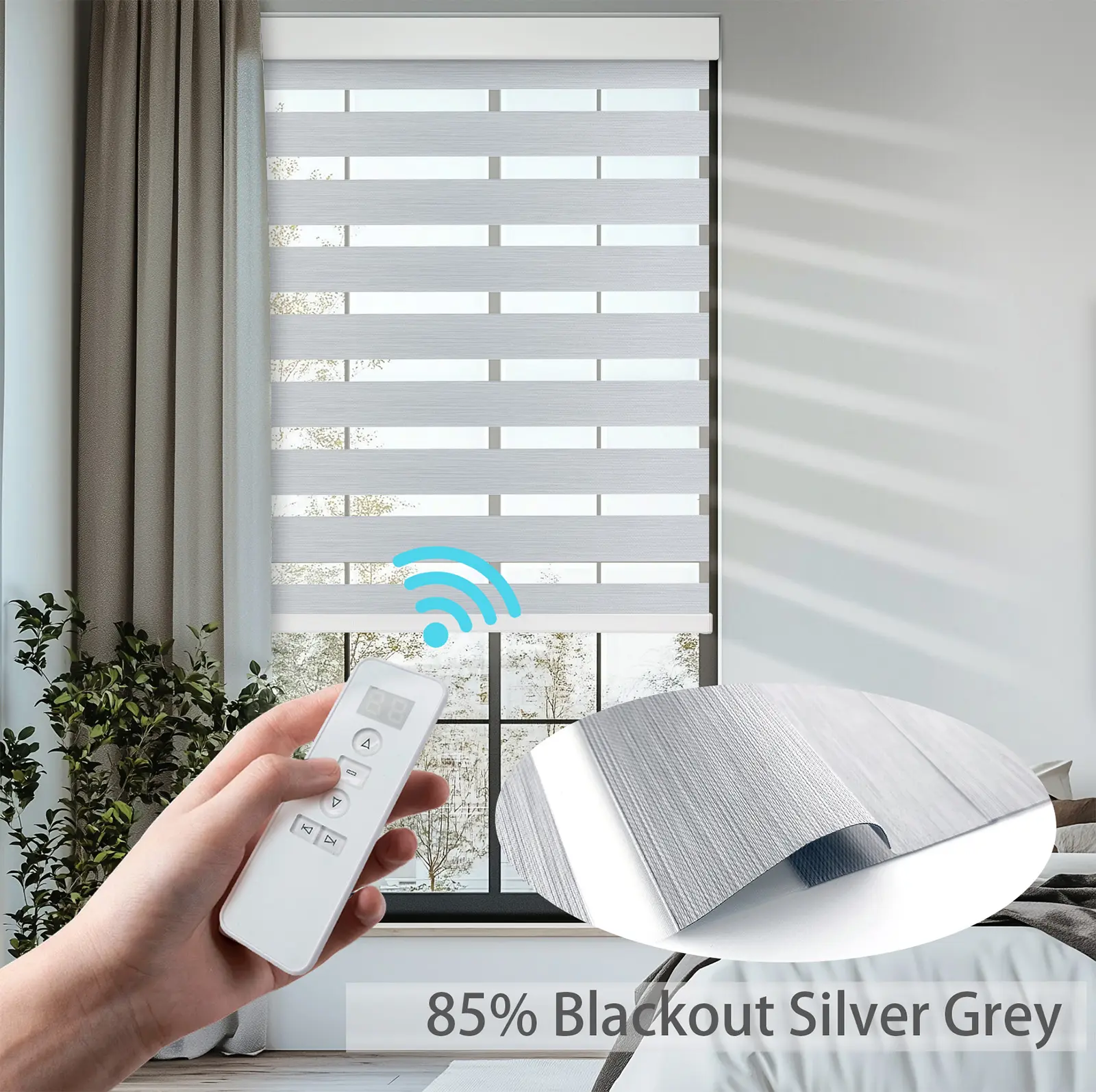 Motorized Zebra Blinds, 20"-56" Width Cordless Day-Night Dual Layer Curtains with 85% Blackout Fabric, Remote & Voice Control Auto Operation for Bedroom, Kitchen, Smart Home Automatic Curtain Control System (White, Grey, Beige)