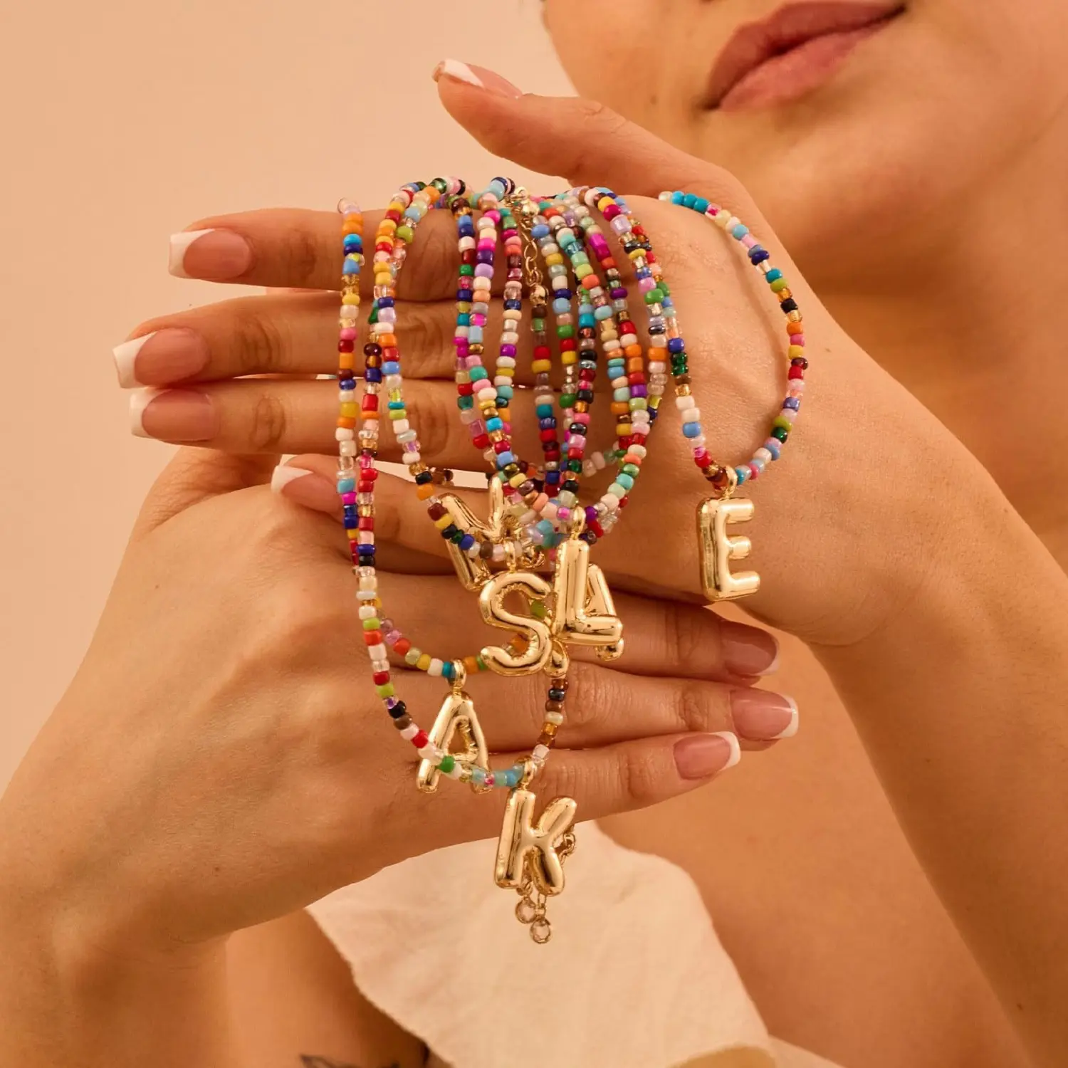 Jstyle vacuum 18k gold plated Colorful Letter Necklace for Women Bubble 26 Letter Necklace Handmade Beaded Necklace Dainty Cute Beach Boho Necklace